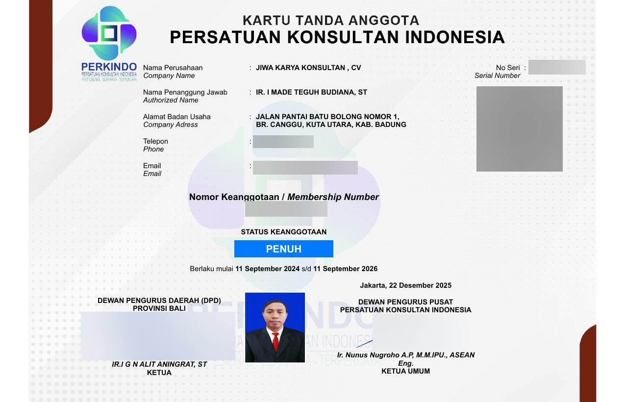 Kartu Tanda Anggota PERKINDO (Persatuan Konsultan Indonesia) statut d'adhésion PLEIN au nom de CV Jiwa Karya Konsultan.