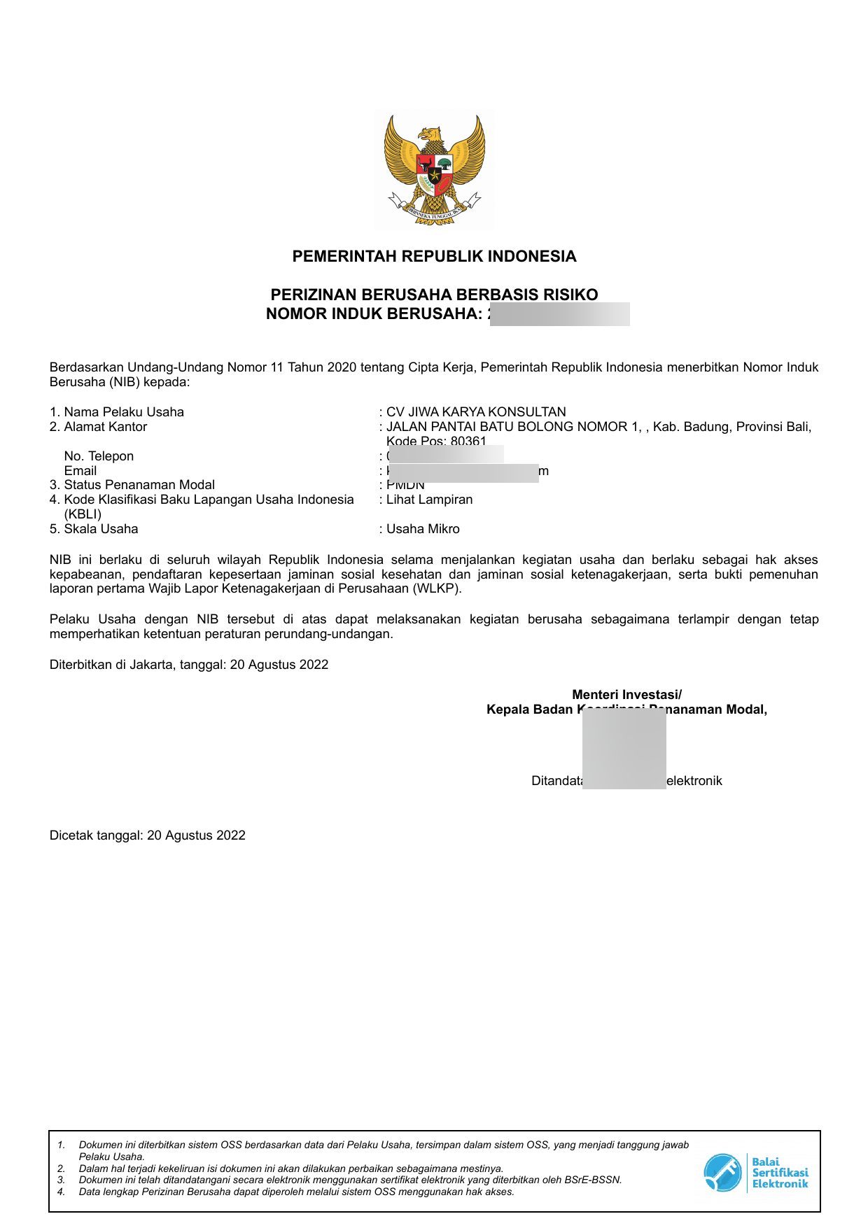 Nomor Induk Berusaha (NIB) CV Jiwa Karya Konsultan du système OSS, valable dans toute la région RI.