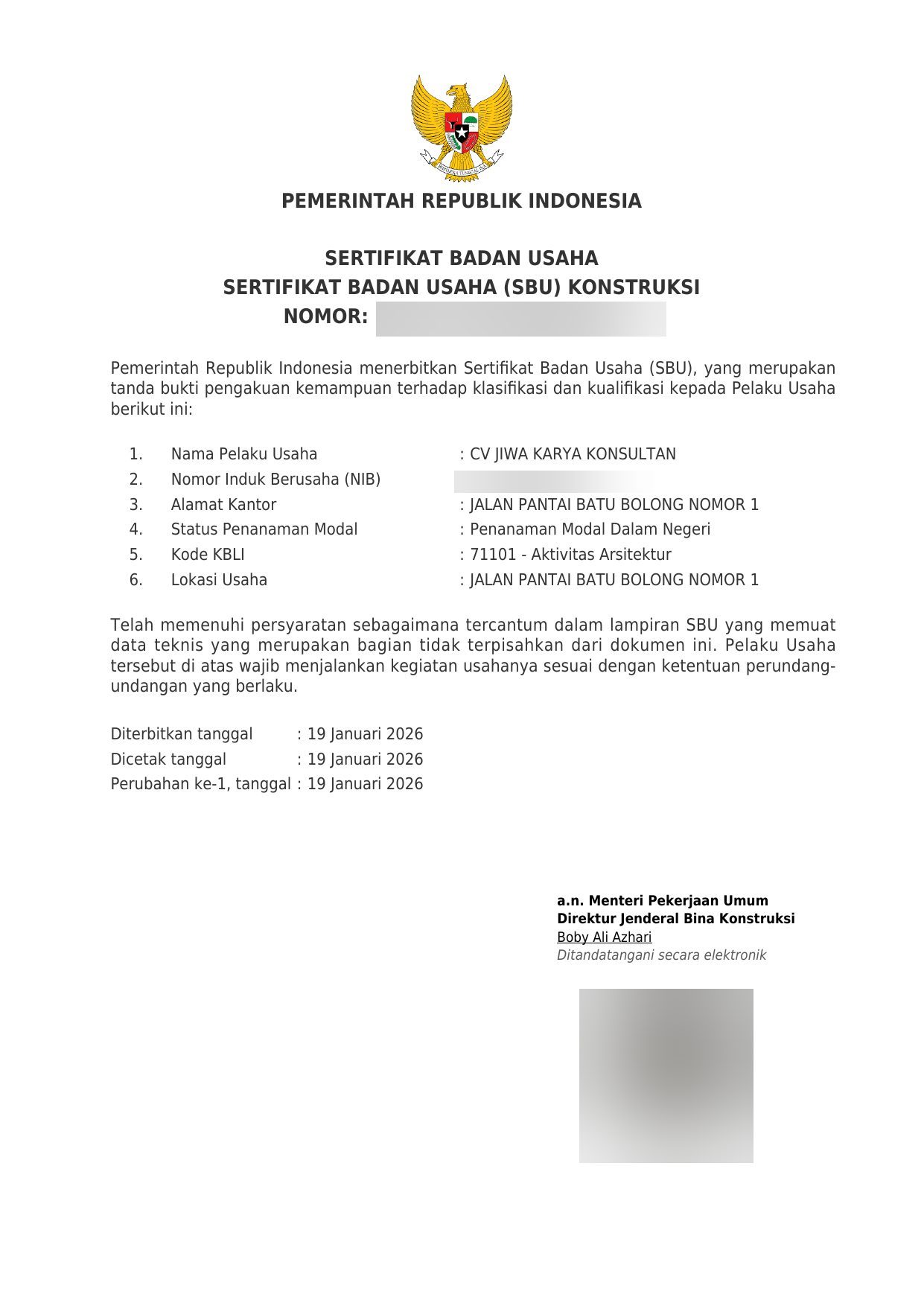 Sertifikat Badan Usaha (SBU) Konstruksi CV Jiwa Karya Konsultan pour la classification architecture (KBLI 71101), délivré le Kementerian PU.
