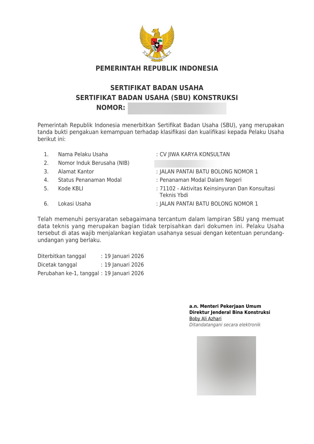Sertifikat Badan Usaha (SBU) Konstruksi CV Jiwa Karya Konsultan pour la classification ingénierie (KBLI 71102), délivré le Kementerian PU.