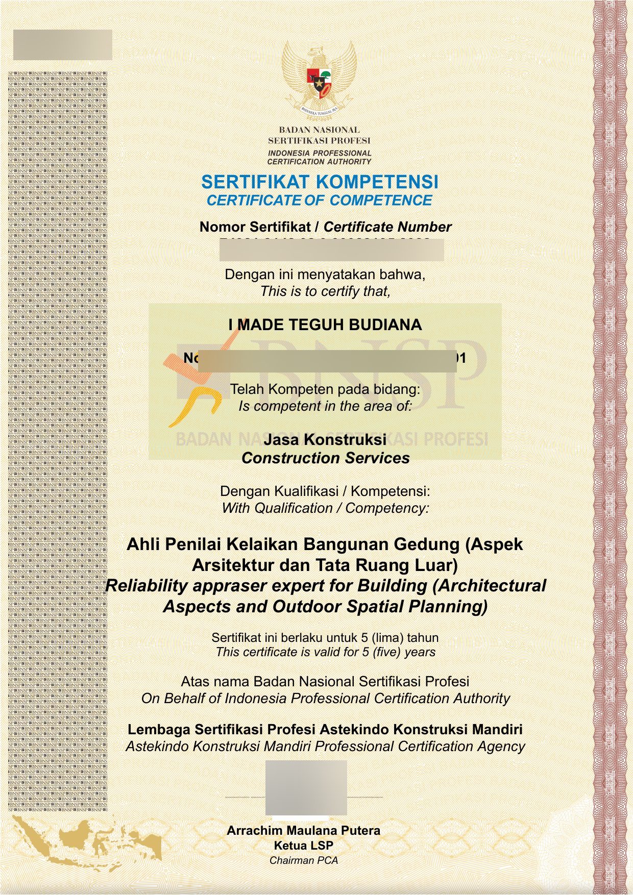 Sertifikat Kompetensi Kerja (SKK) BNSP au nom de I Made Teguh Budiana en tant qu'Expert en Évaluation de la Conformité des Bâtiments.