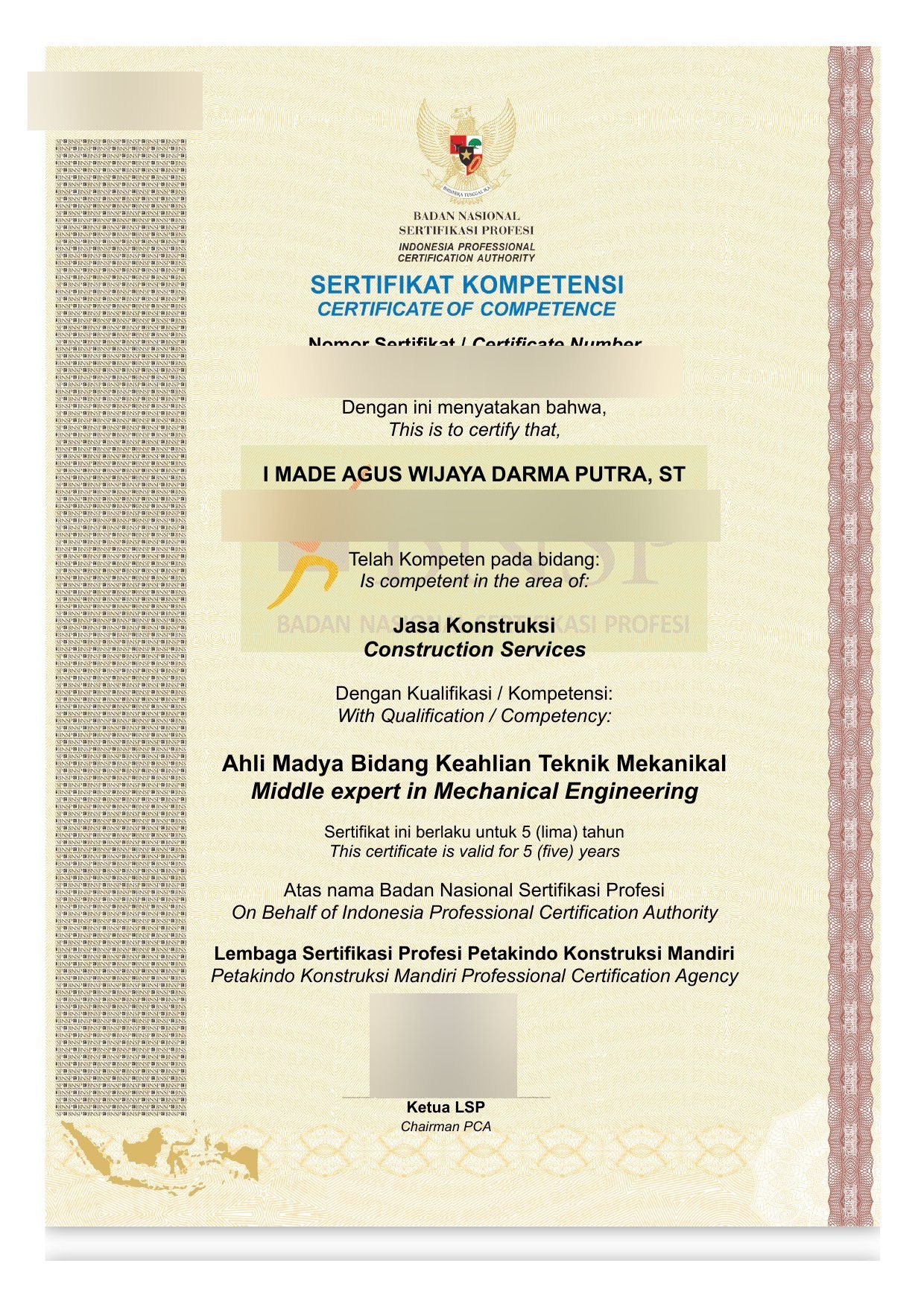 SKK BNSP équipe technique JKK — Expert Principal en Mécanique (MEP) Niveau 8 au nom de I Made Agus Wijaya Darma Putra, ST.